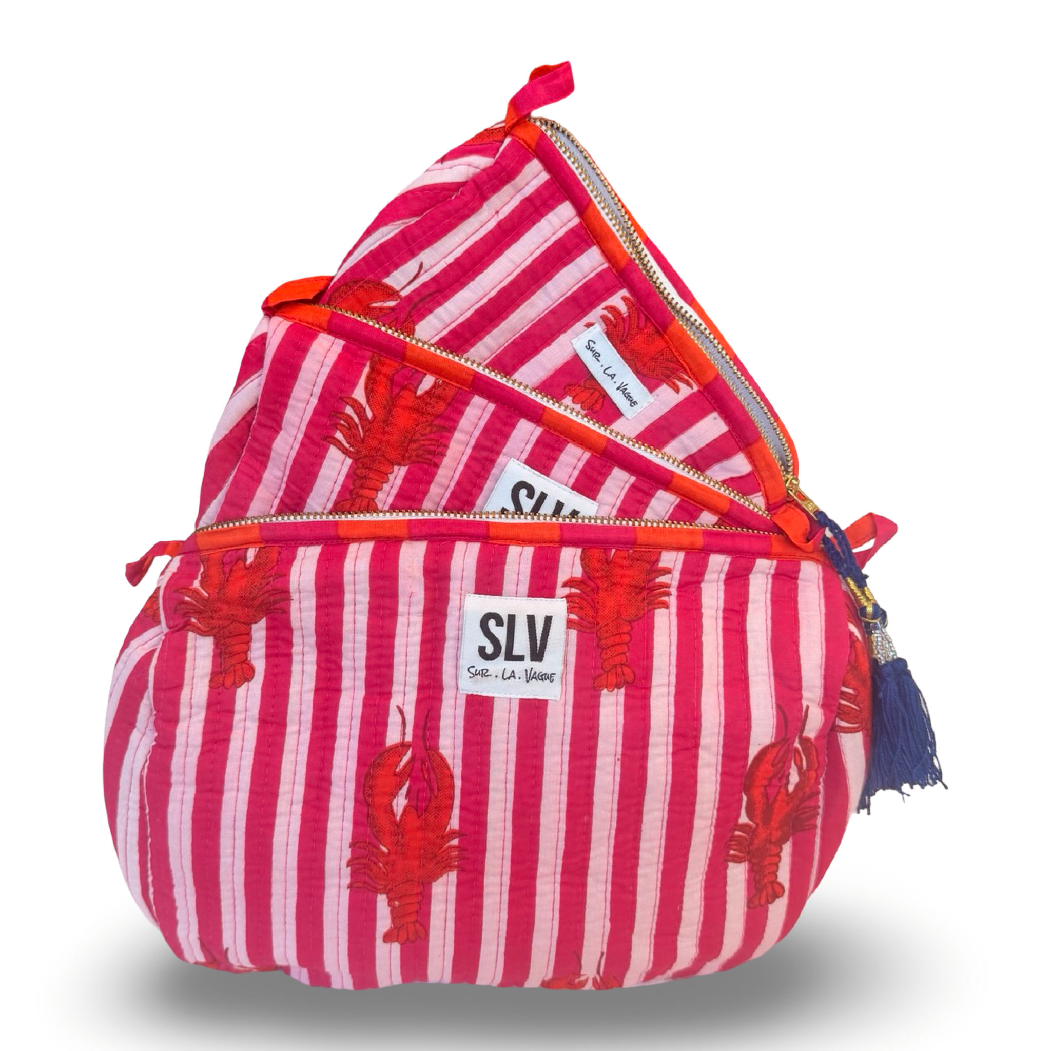 Pink Lobster Pouch Set — hand block-printed makeup bag set, pink lobster cotton | Sur La Vague