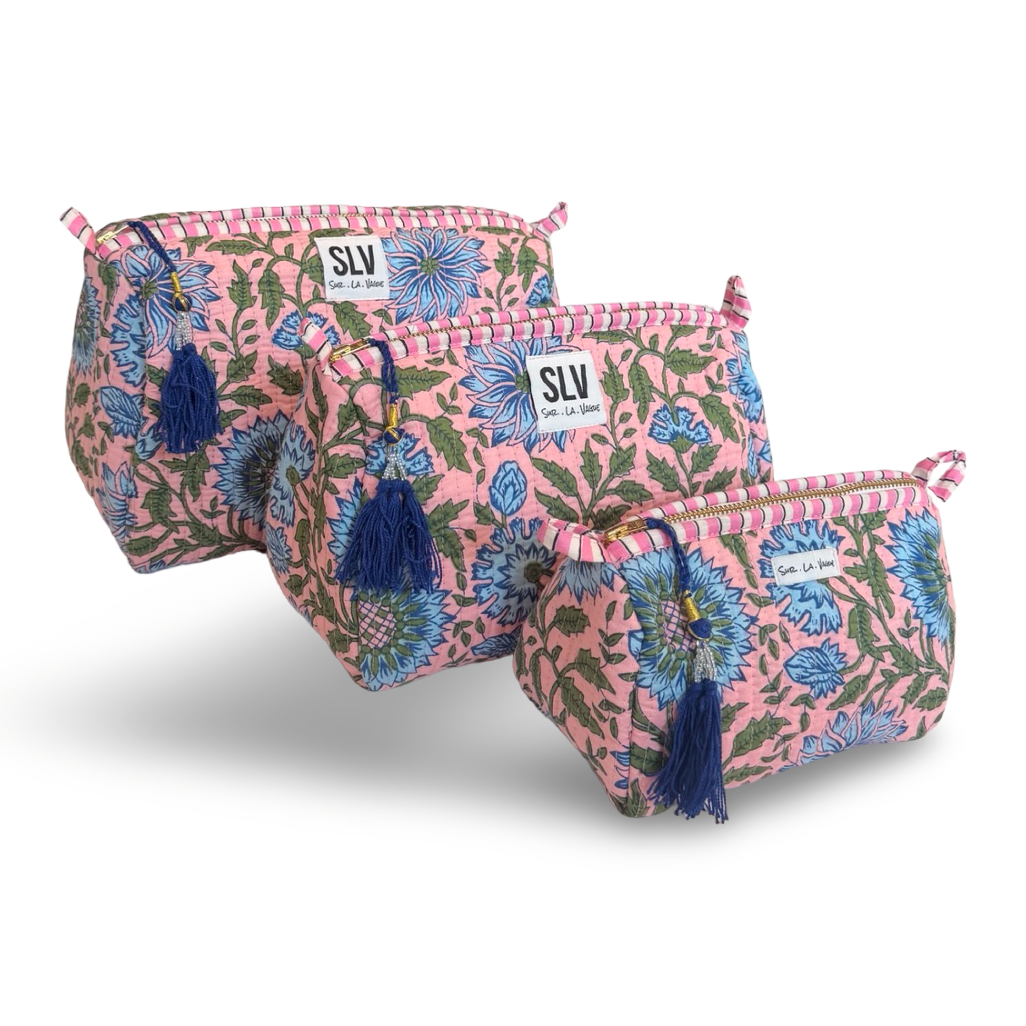 Peony Pouch Set — set of 3 cotton travel pouches in peony pink and blue print | Sur La Vague