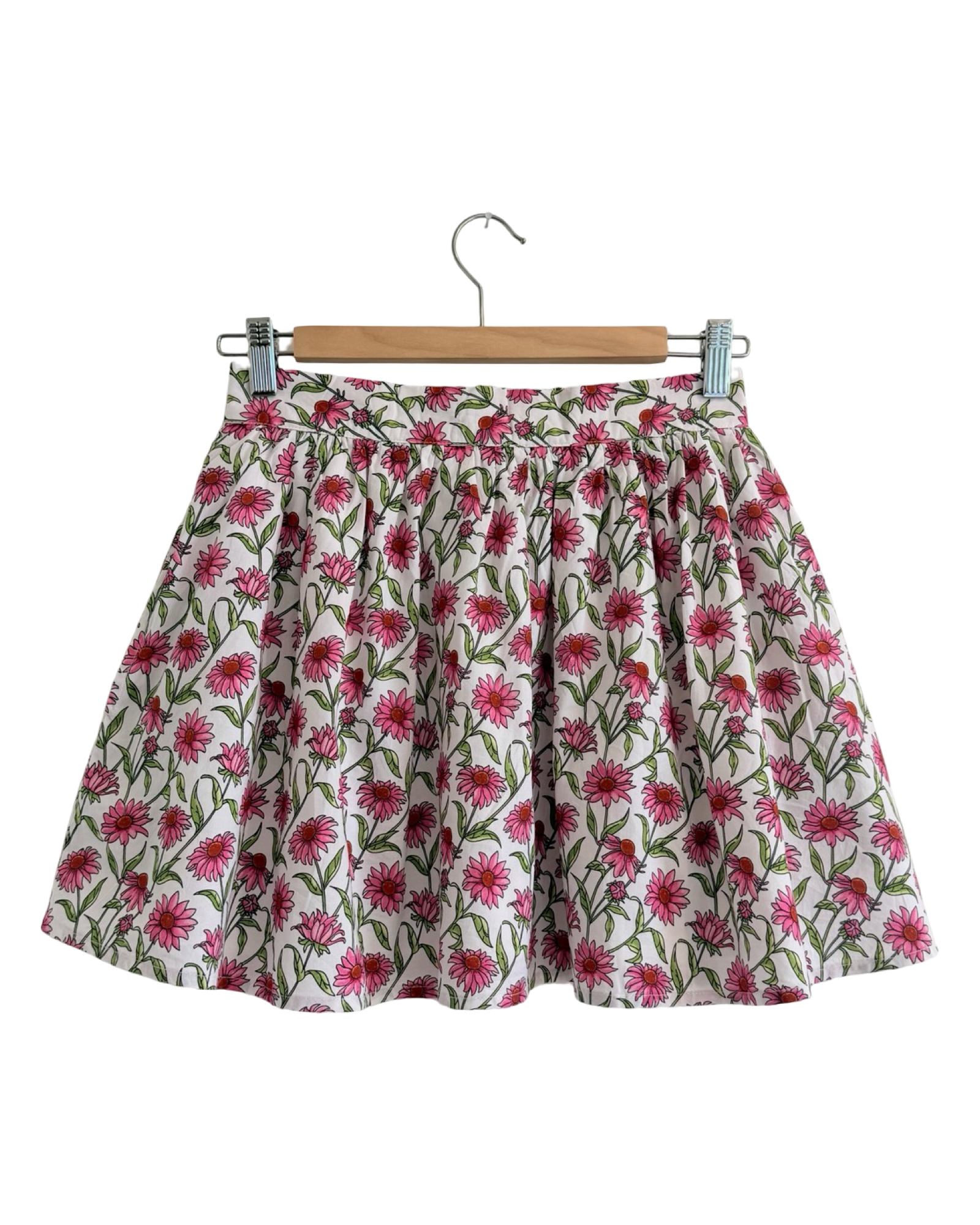 Echinacea Mini Skirt — pink coneflower botanical print on white cotton | Sur La Vague