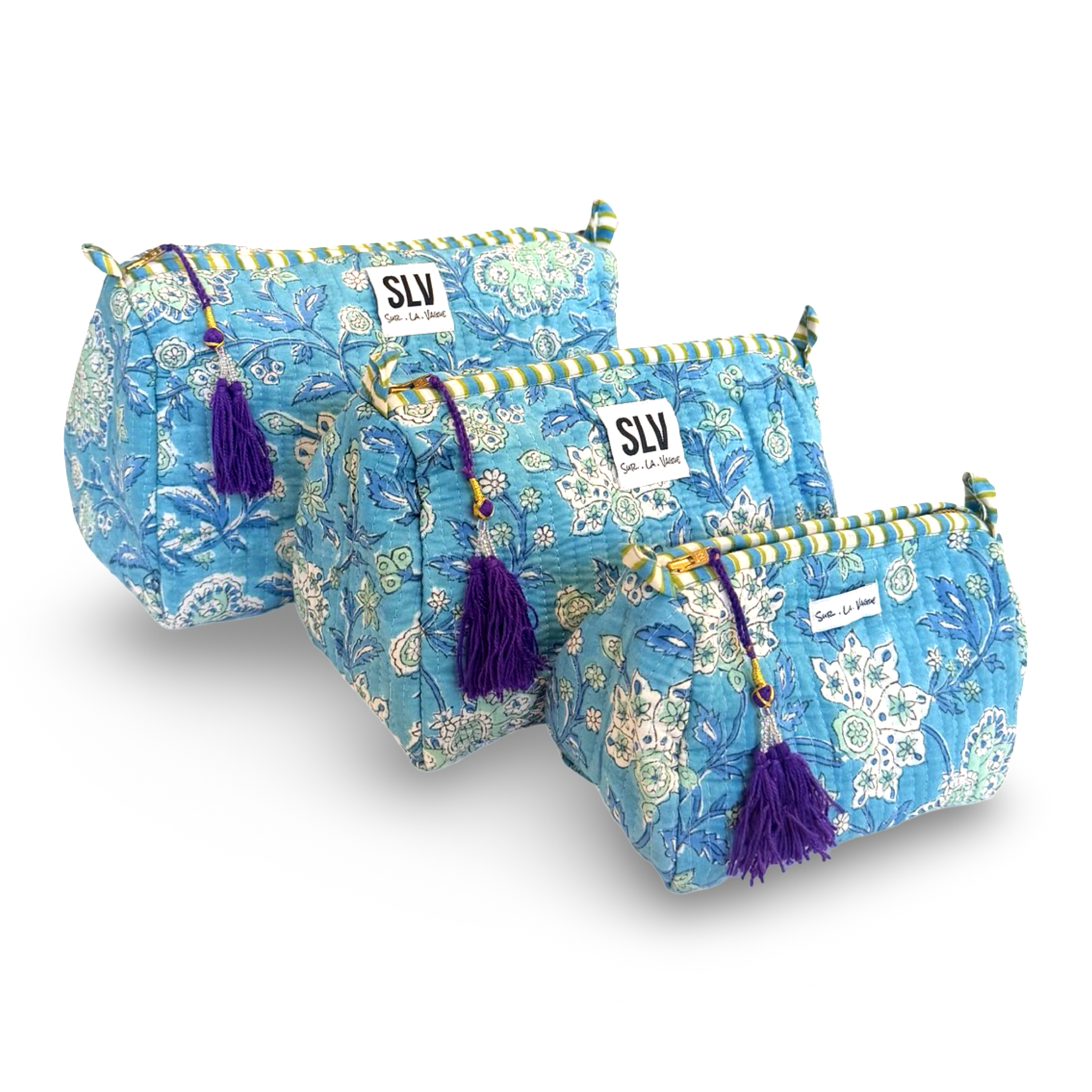 Azure Pouch Set — set of 3 cotton travel pouches in azure turquoise print | Sur La Vague