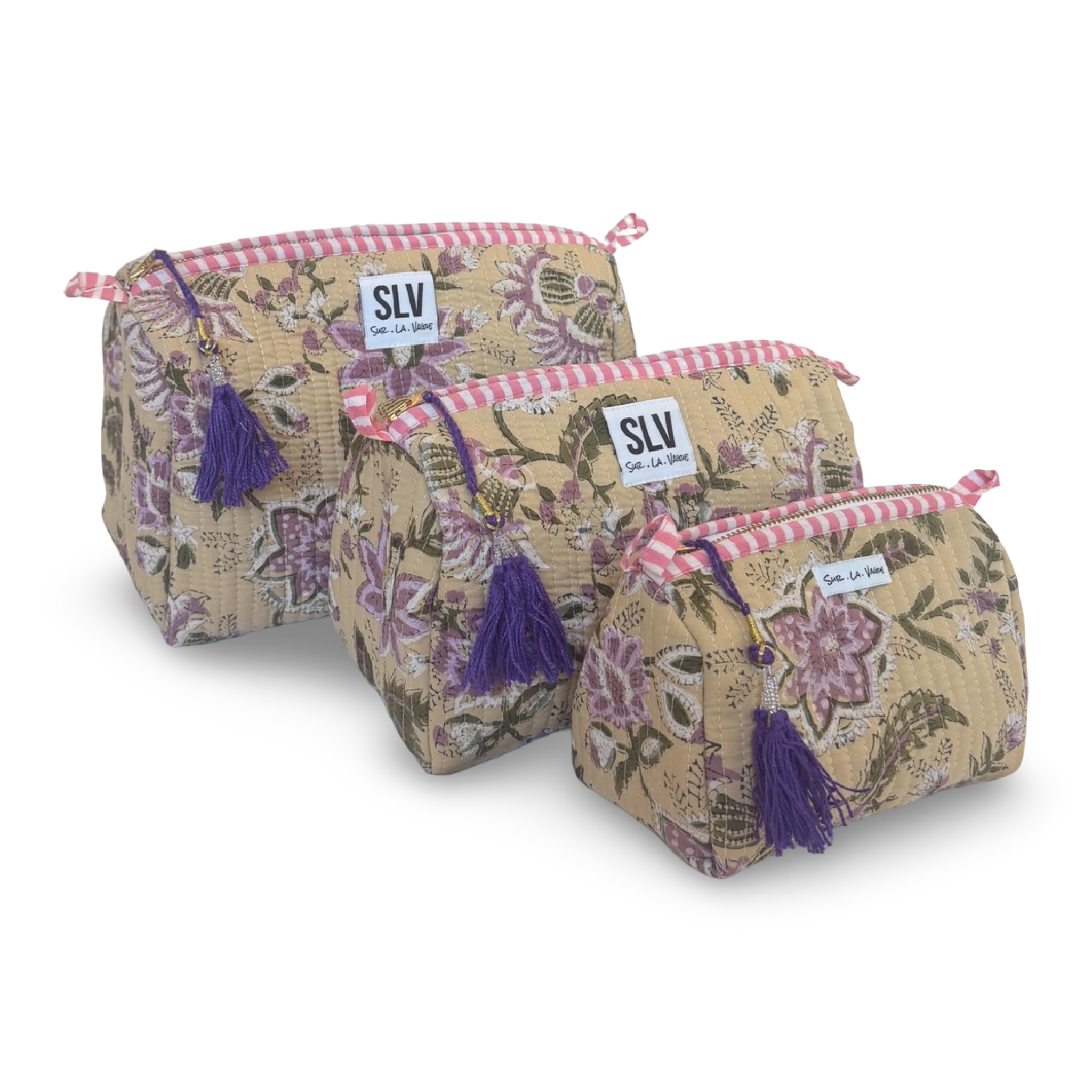 Dune Pouch Set — sandy beige and mauve floral print quilted cotton pouches | Sur La Vague