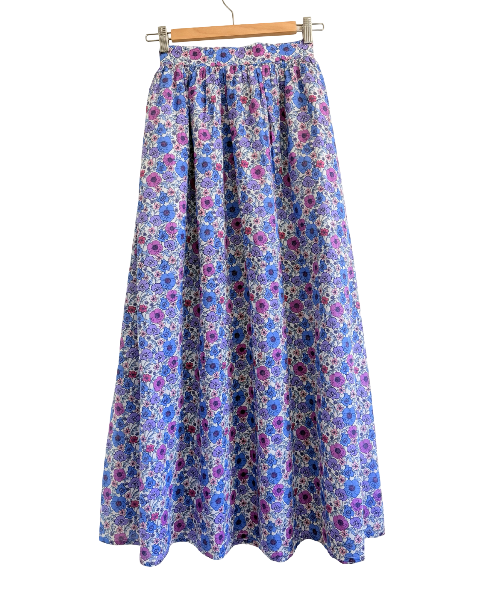 Meadow Maxi Skirt — white ground periwinkle and blush floral cotton maxi skirt | Sur La Vague
