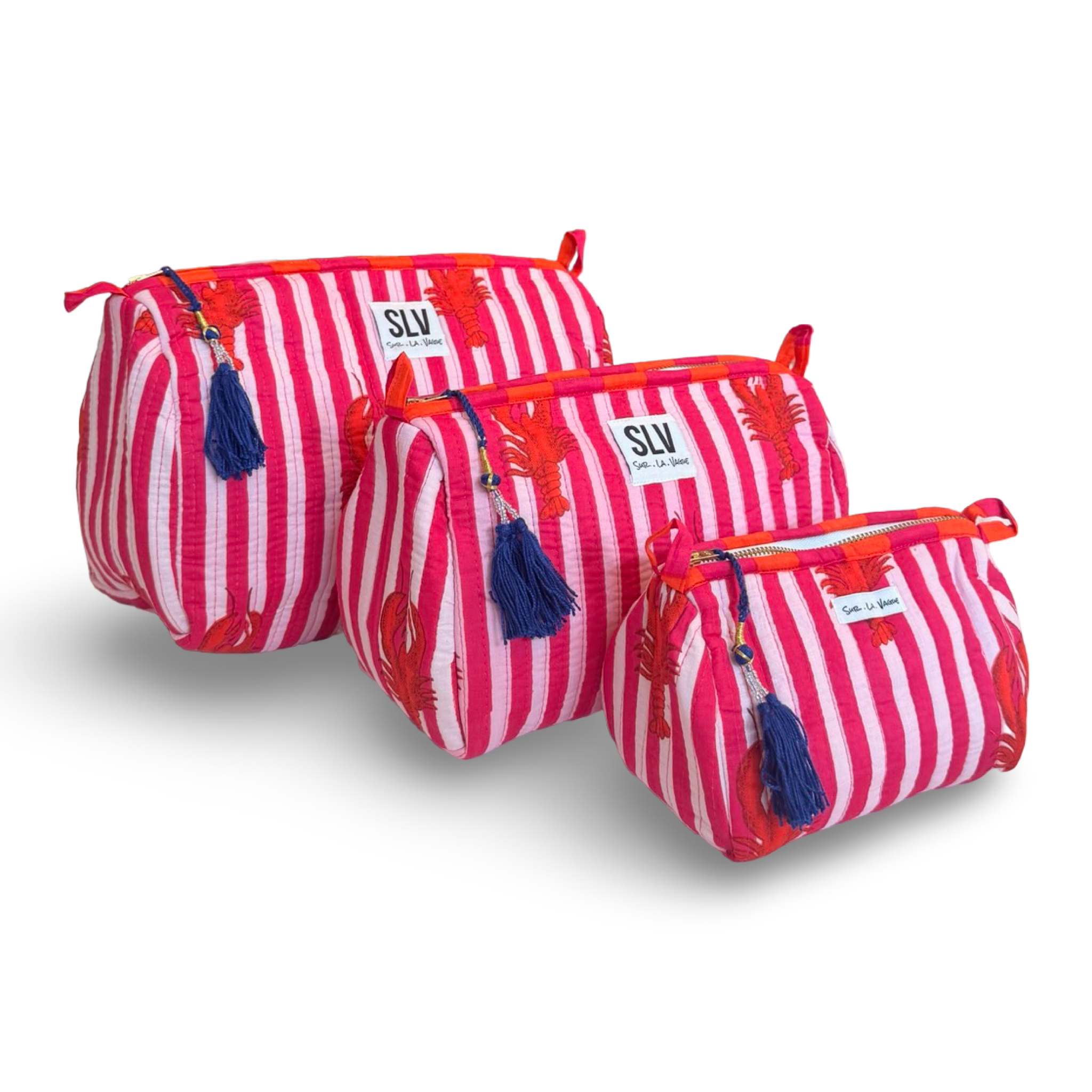 Pink Lobster Pouch Set — hot pink stripe lobster print quilted cotton pouches | Sur La Vague