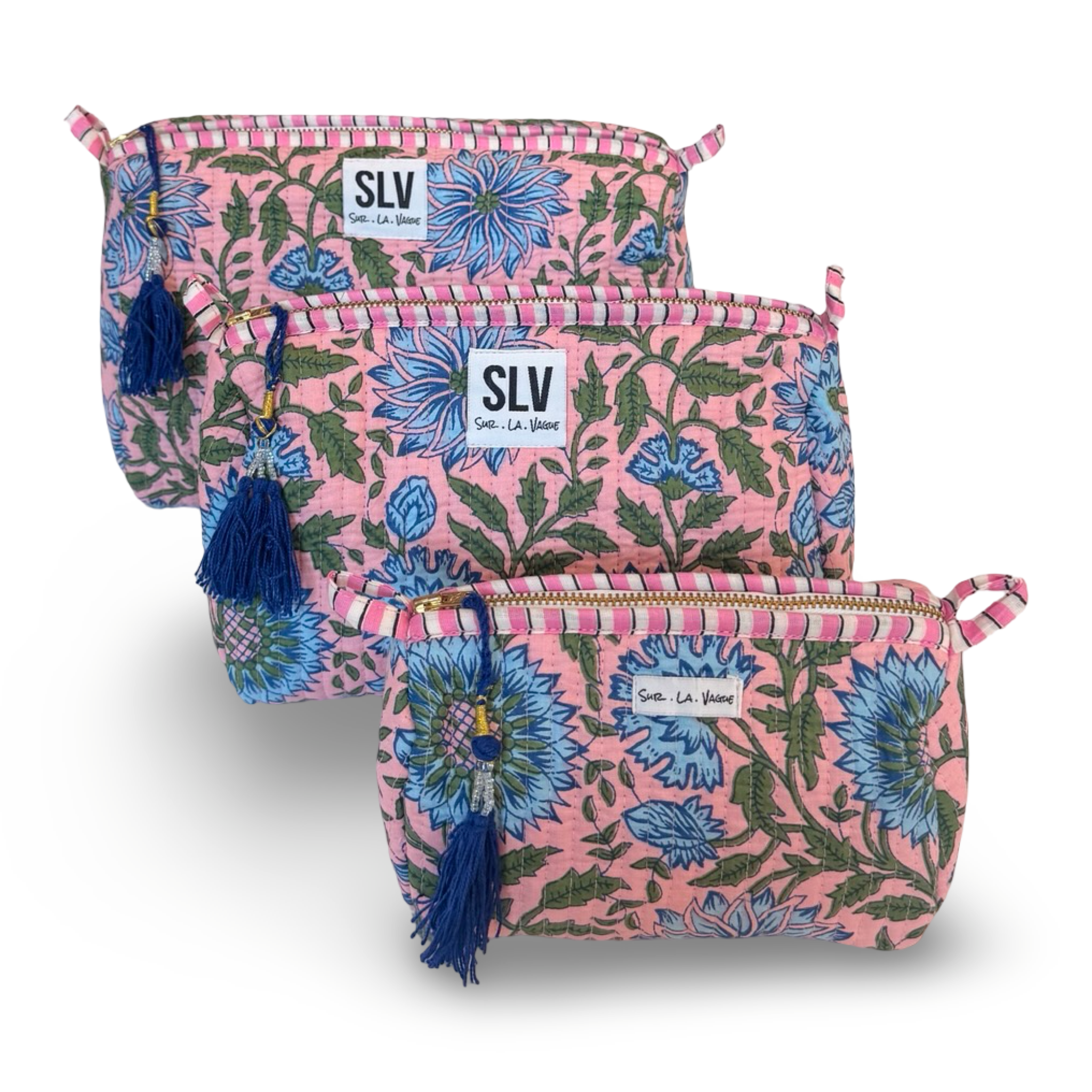Peony Pouch Set — pink and blue botanical print quilted cotton pouches | Sur La Vague