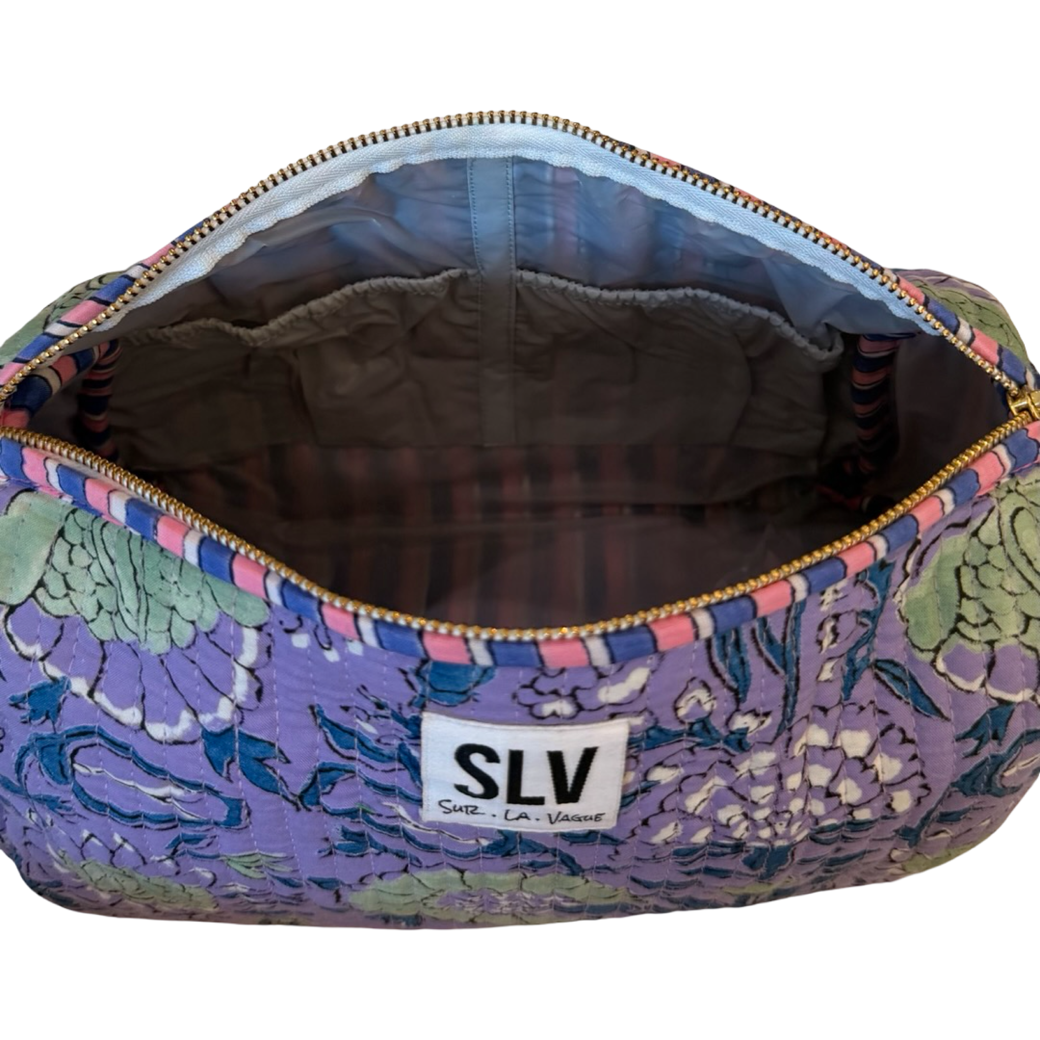 Wisteria Pouch Set — hand block-printed makeup bag set, purple floral cotton | Sur La Vague