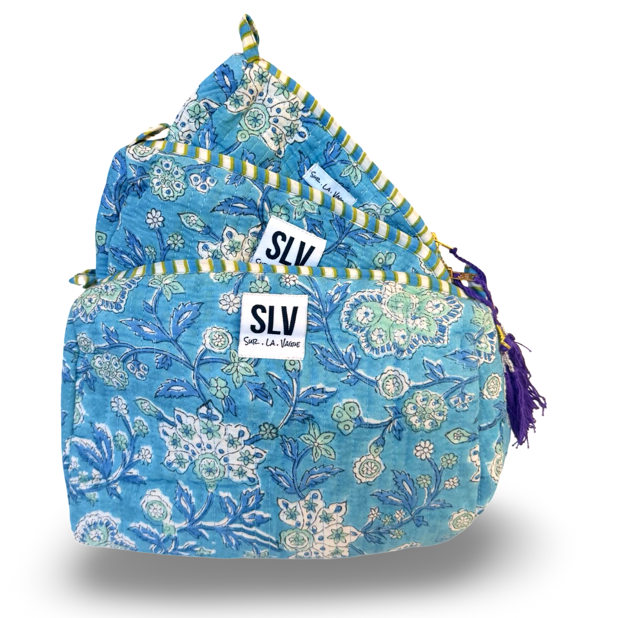 Azure Pouch Set — turquoise and white botanical print quilted cotton pouches | Sur La Vague