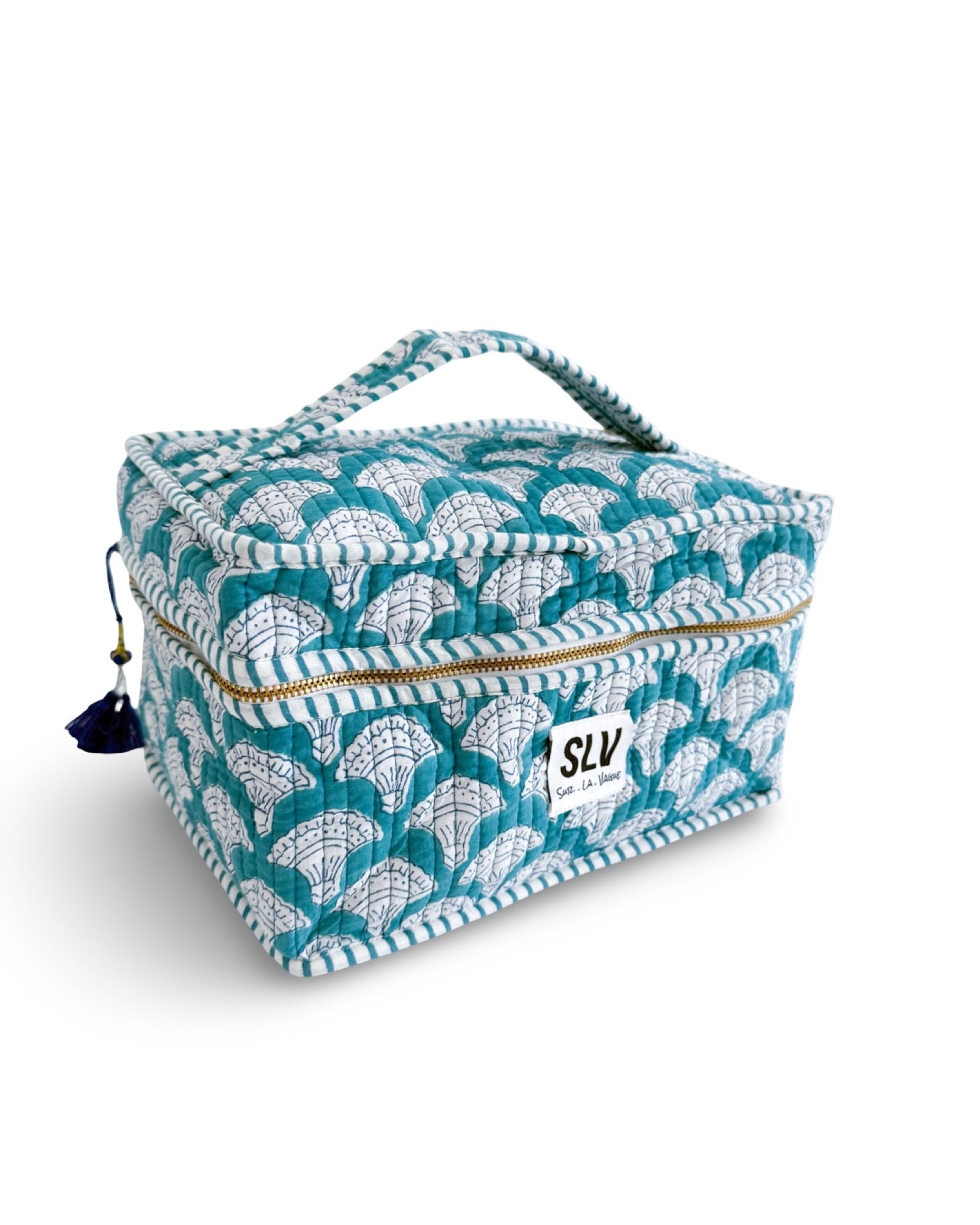 Aqua flat lay Makeup Bag - Sur La Vague block print travel bag