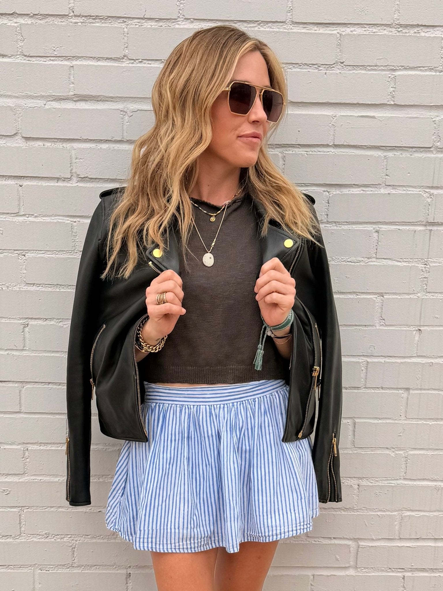 Blue Pinstripe Panel Mini Skirt — Cotton Block Print | Sur La Vague