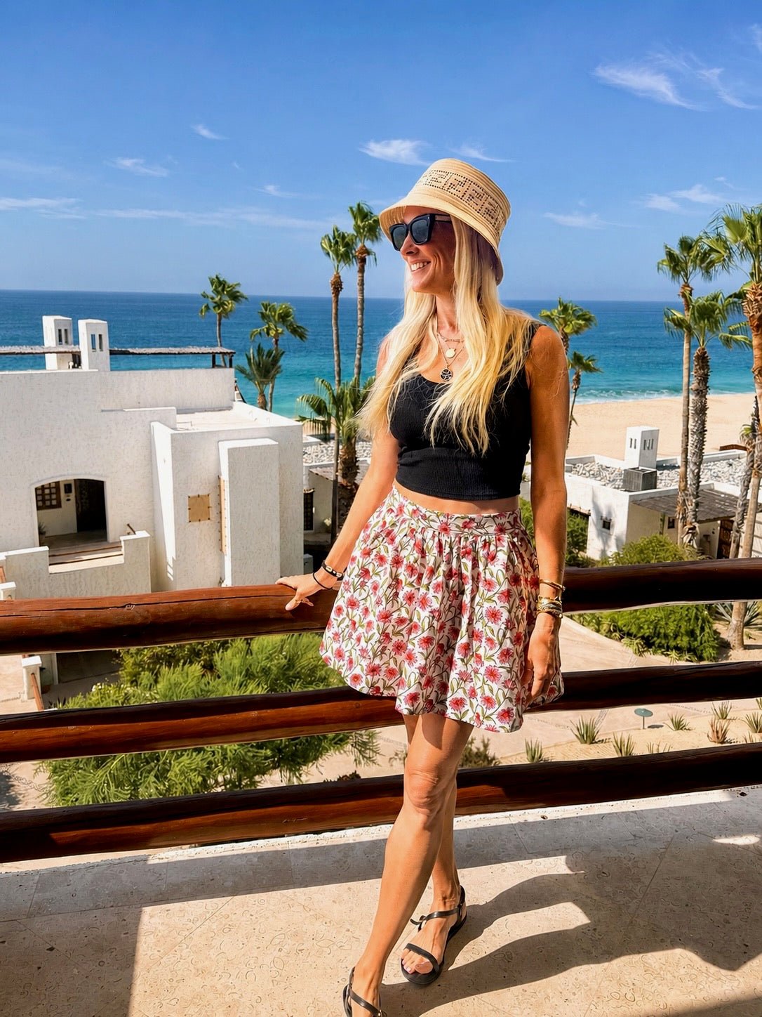 Echinacea Mini Skirt — pink coneflower botanical block print on white cotton | Sur La Vague