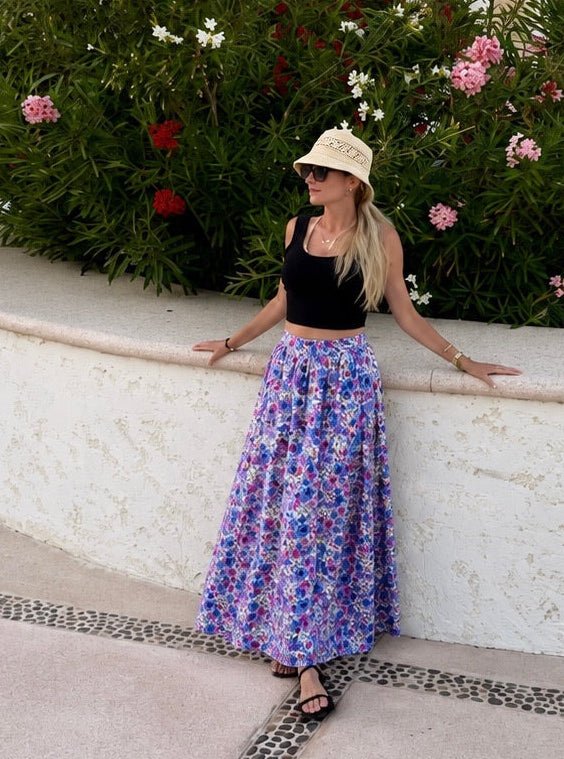 Meadow Maxi Skirt — periwinkle and blush floral print cotton, flowing ankle-length maxi | Sur La Vague