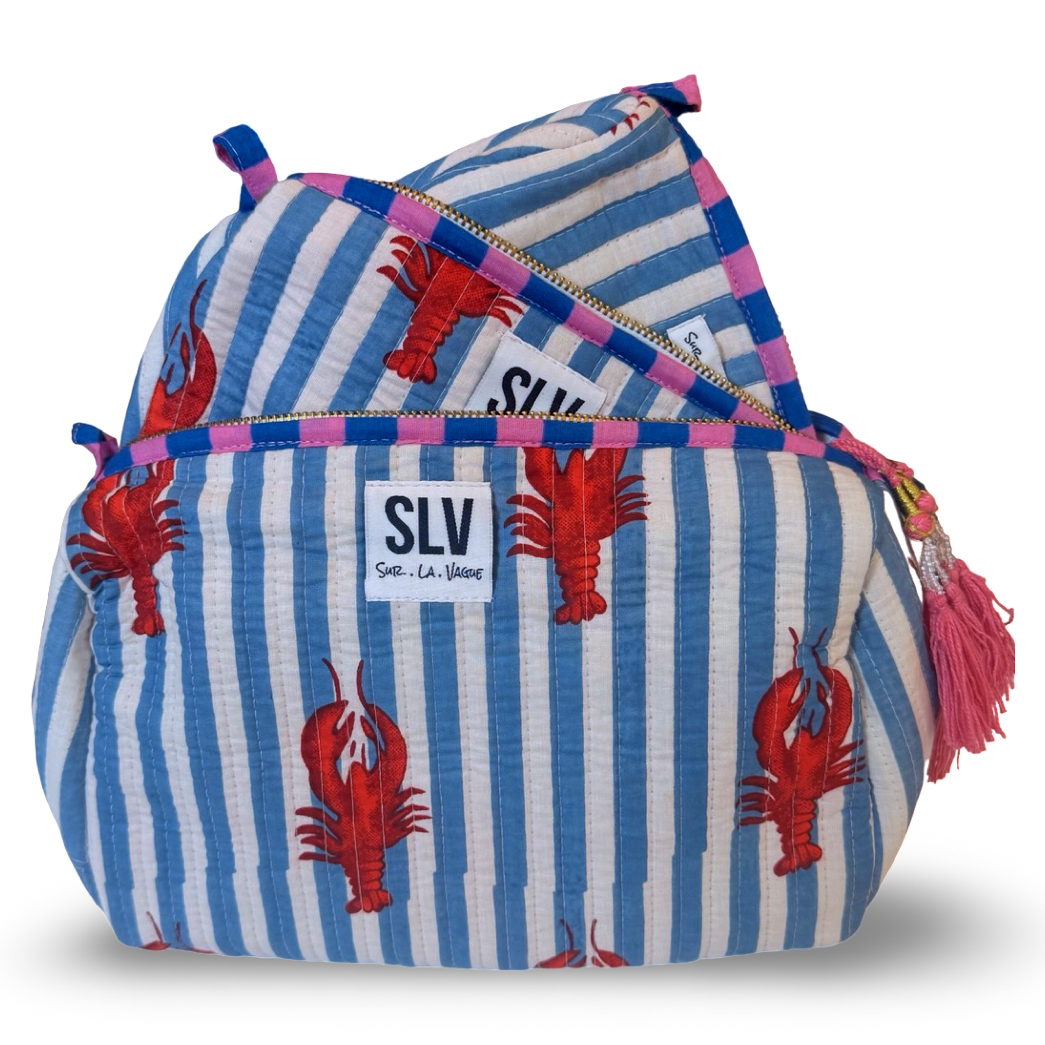Blue Lobster Pouch Set — hand block-printed makeup bag set, blue lobster cotton | Sur La Vague
