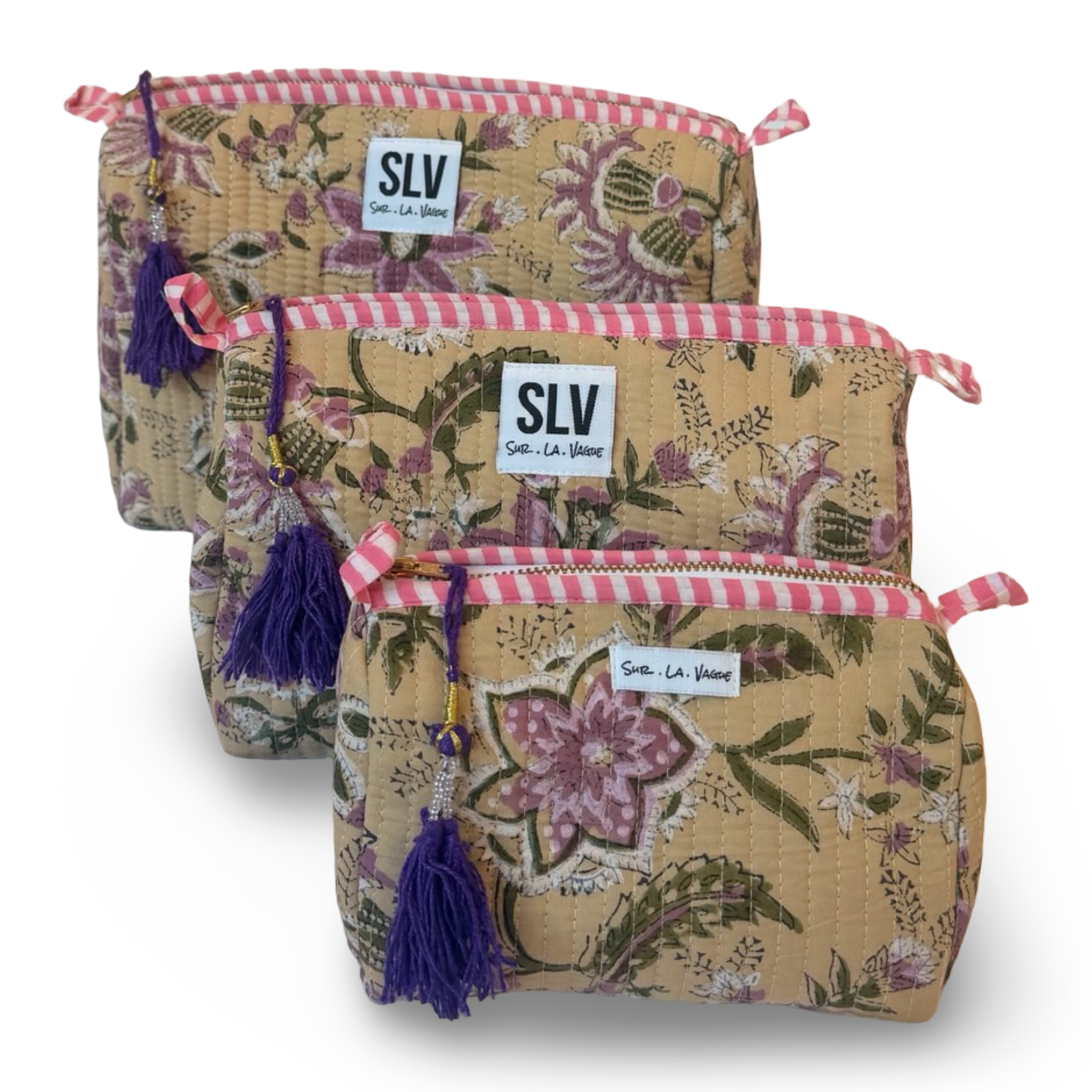 Dune Pouch Set — hand block-printed cotton travel pouch set of 3, sand floral | Sur La Vague