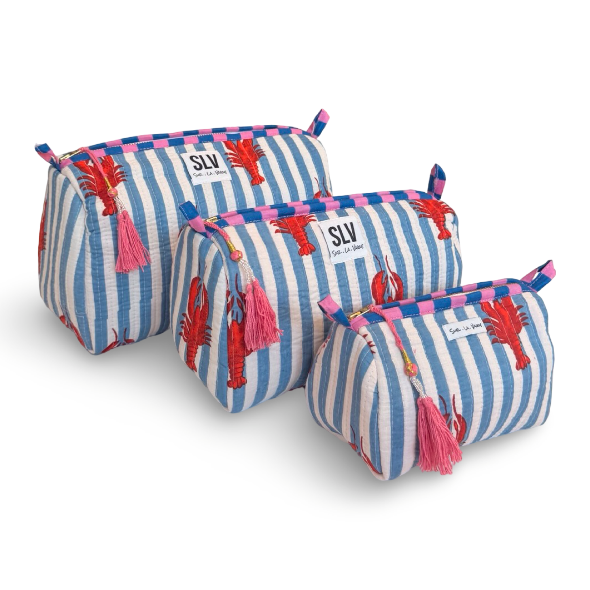 Blue Lobster Pouch Set — blue and white stripe lobster print quilted cotton pouches | Sur La Vague
