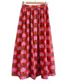 Tulipe Maxi Skirt — bold pink tulip print on red cotton maxi skirt | Sur La Vague