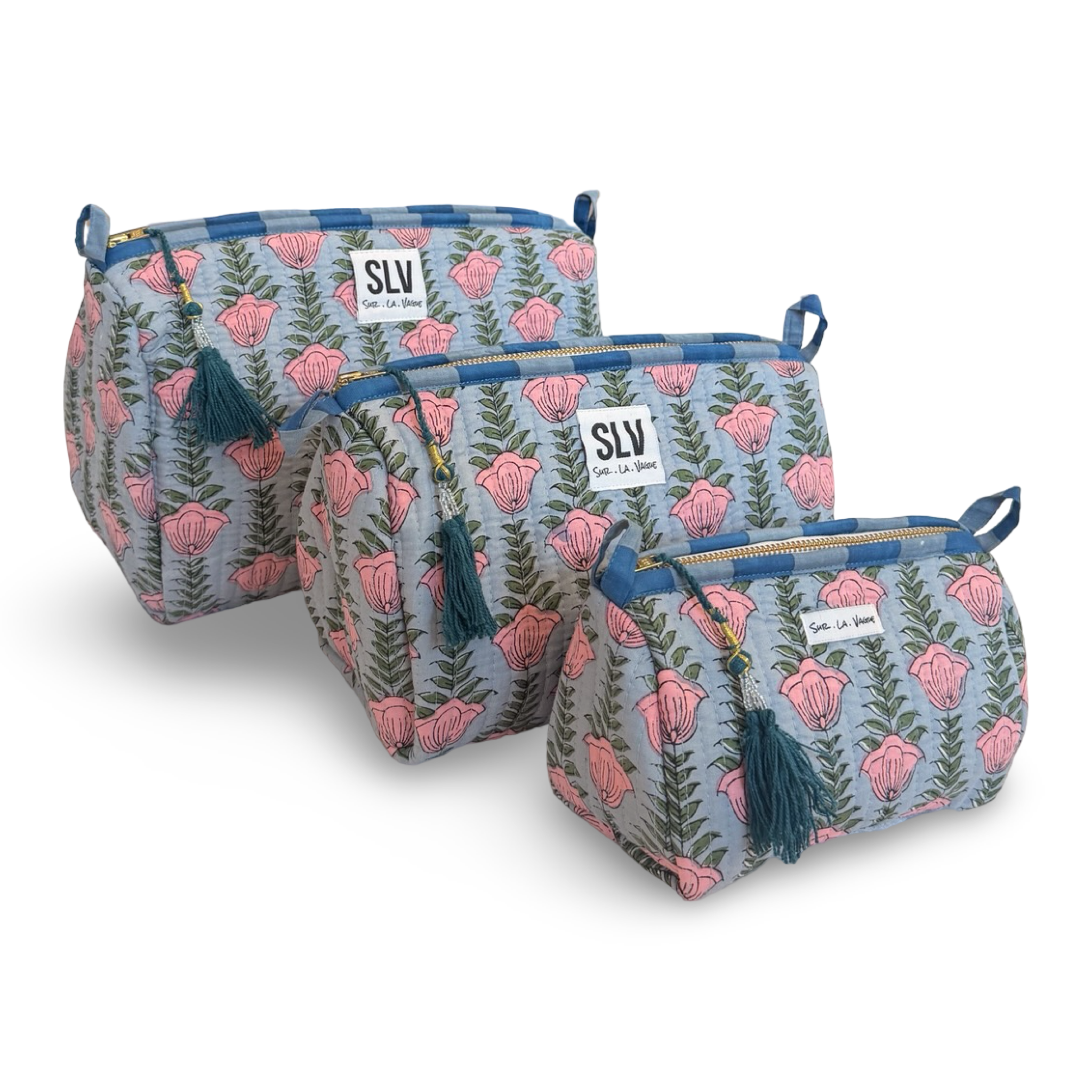 Periwinkle Pouch Set — set of 3 cotton travel pouches in periwinkle floral print | Sur La Vague
