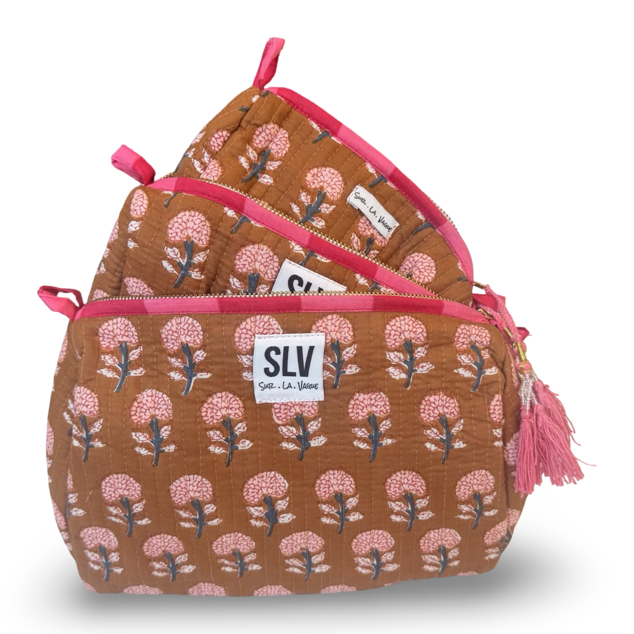 Amber Pouch Set — hand block-printed cotton travel pouch set of 3, rust floral | Sur La Vague