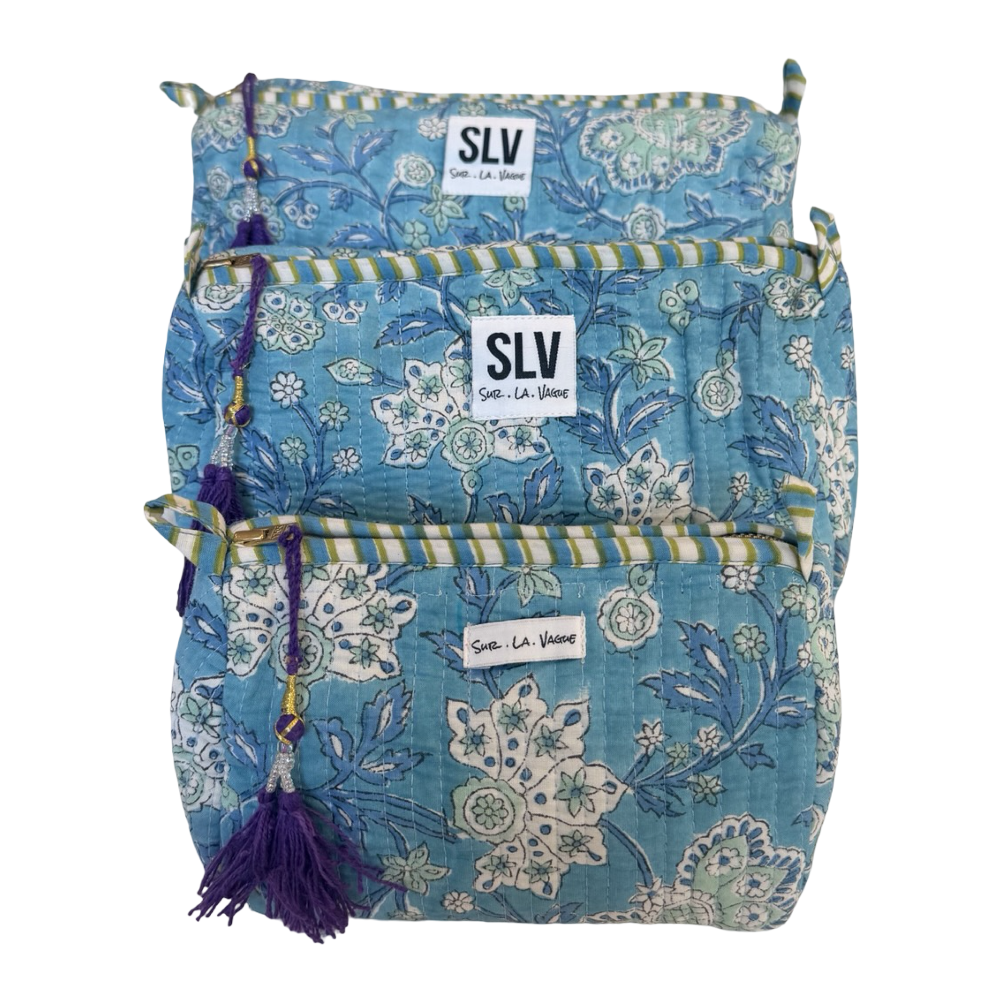 Azure Pouch Set — hand block-printed cotton travel pouch set of 3, turquoise floral | Sur La Vague