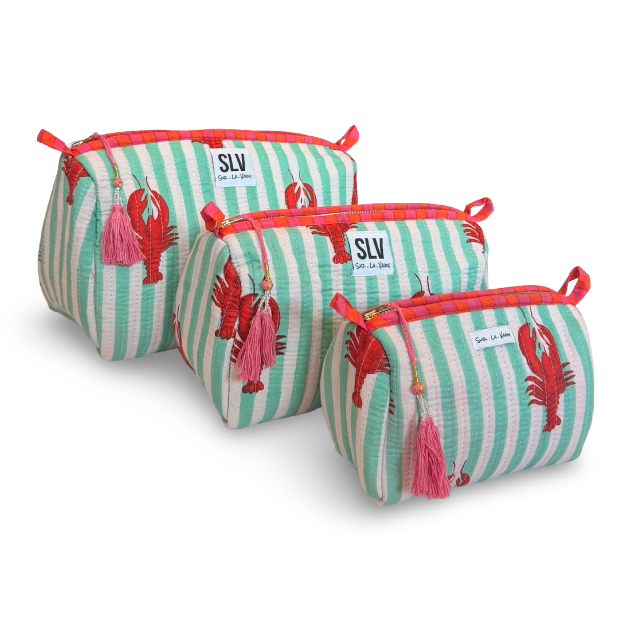 Mint Lobster Pouch Set — hand block-printed cotton travel pouch set of 3, mint stripe | Sur La Vague