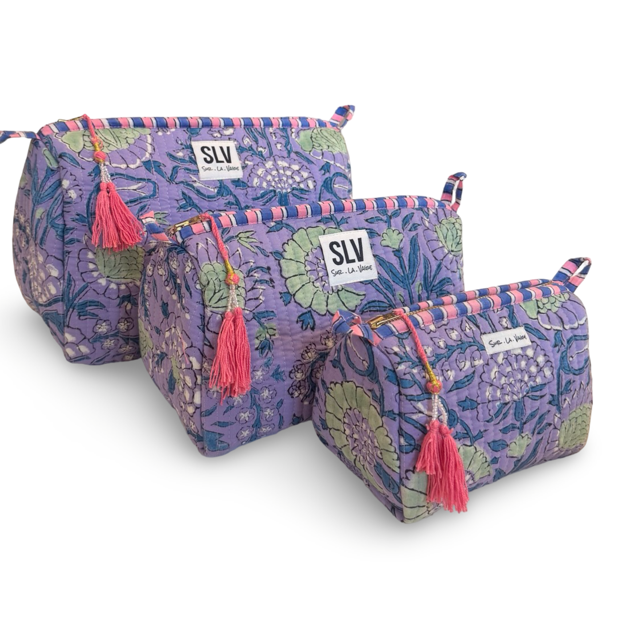 Wisteria Pouch Set — set of 3 cotton travel pouches in wisteria purple print | Sur La Vague