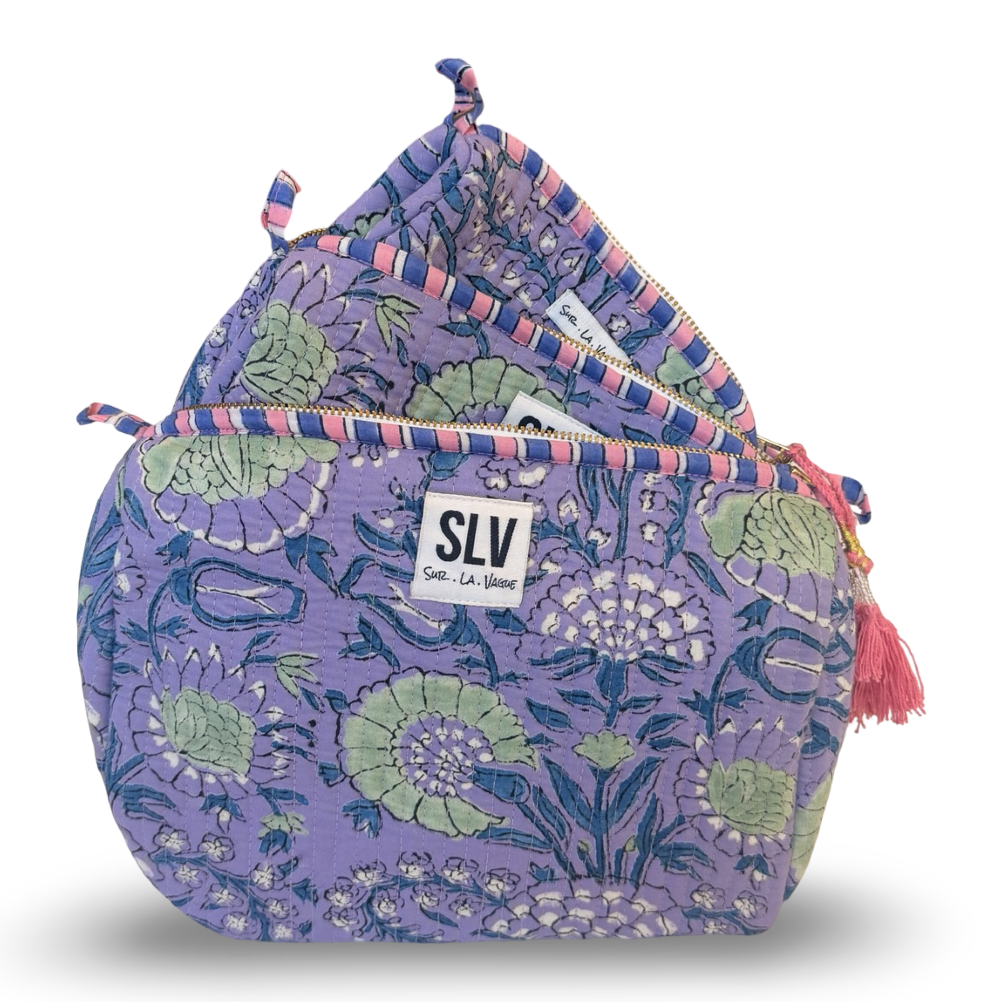 Wisteria Pouch Set — hand block-printed cotton travel pouch set of 3, purple floral | Sur La Vague