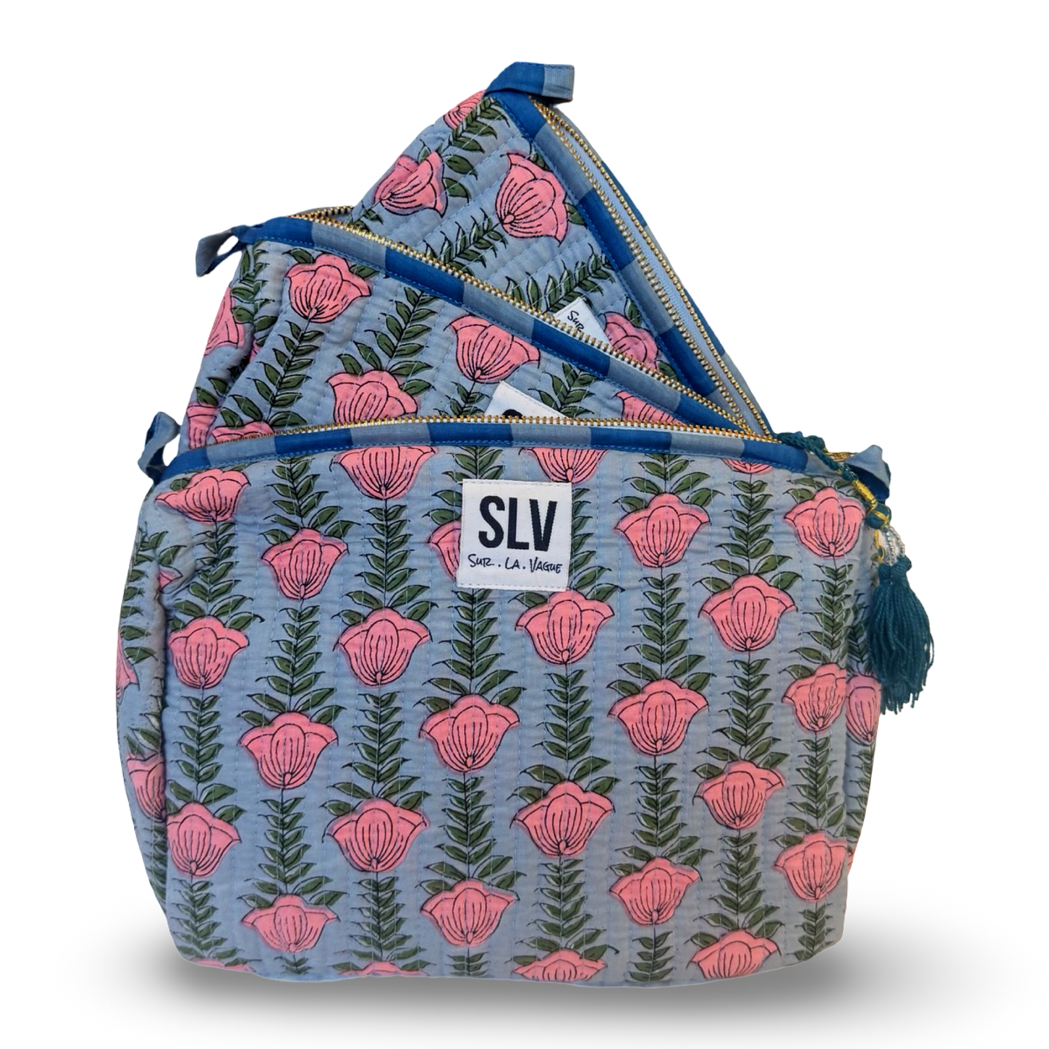 Periwinkle Pouch Set — hand block-printed cotton travel pouch set of 3, blue tulip | Sur La Vague