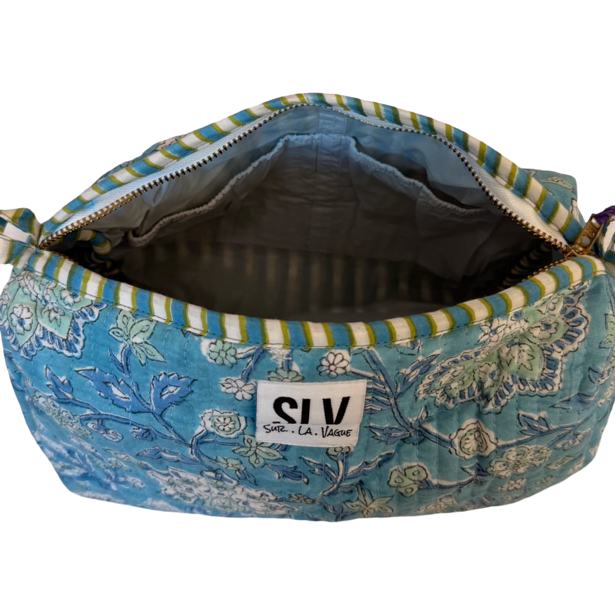 Azure Pouch Set — hand block-printed makeup bag set, turquoise floral cotton | Sur La Vague
