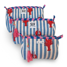 Blue Lobster Pouch Set — hand block-printed cotton travel pouch set of 3, blue stripe | Sur La Vague