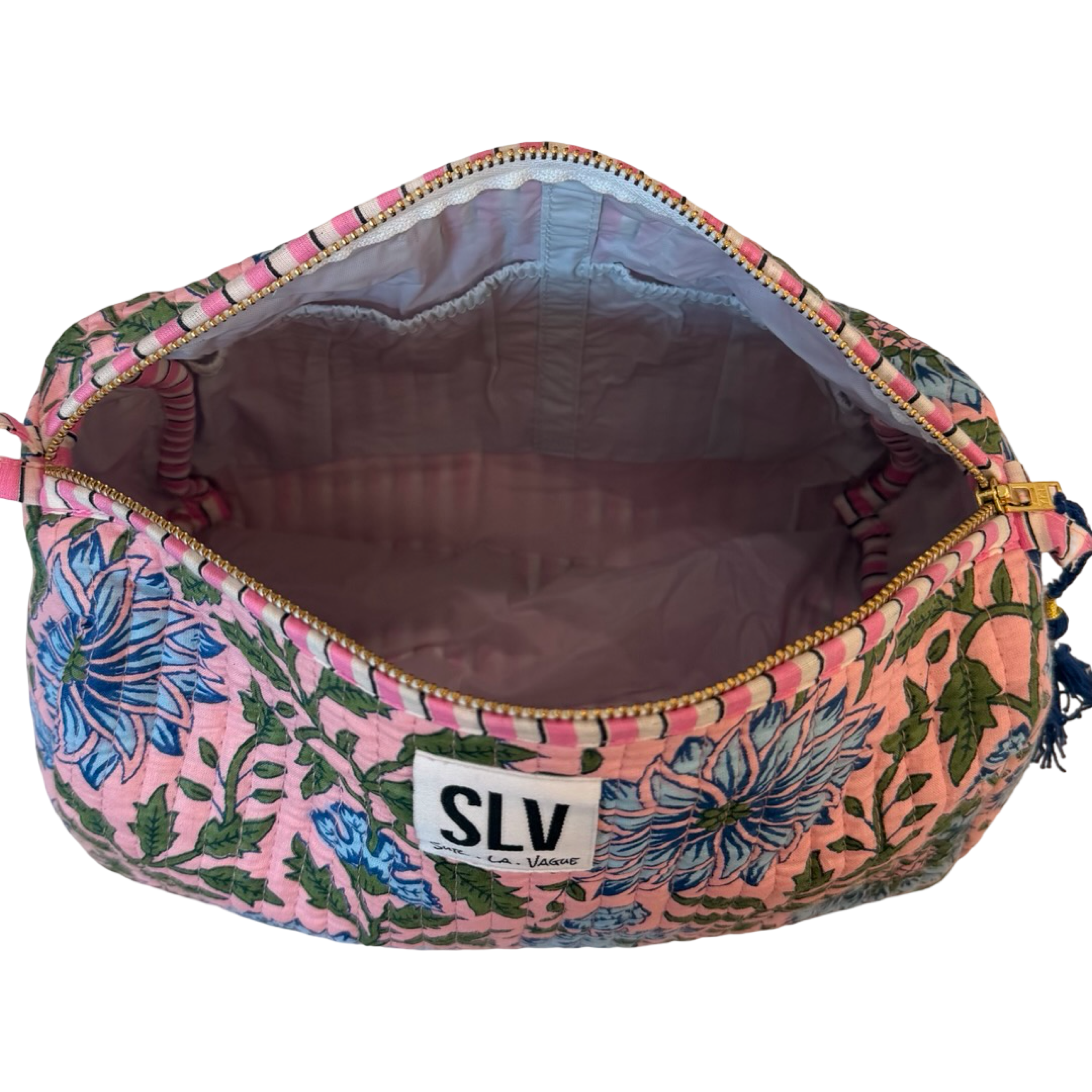 Peony Pouch Set — hand block-printed makeup bag set, pink floral cotton | Sur La Vague