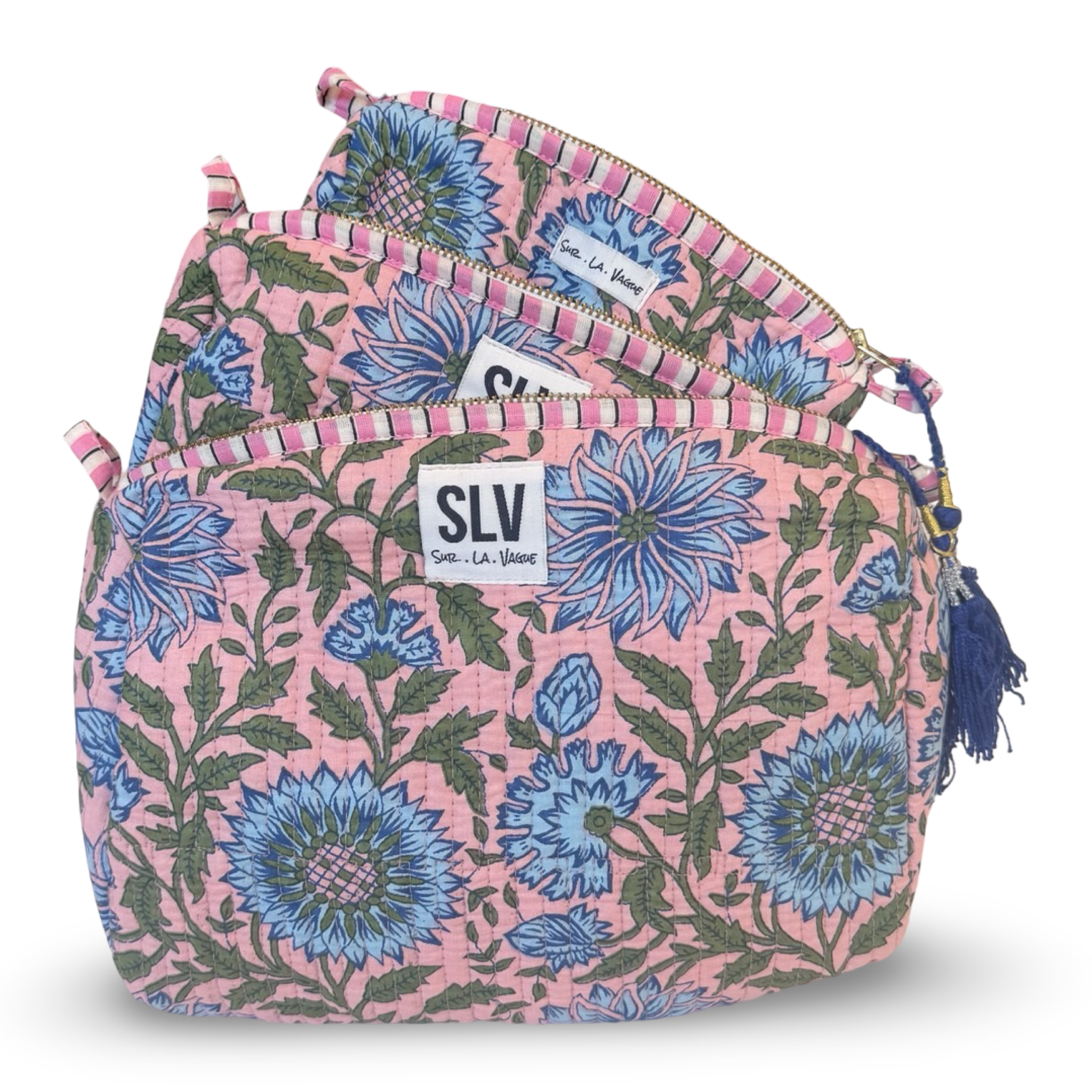 Peony Pouch Set — hand block-printed cotton travel pouch set of 3, pink floral | Sur La Vague