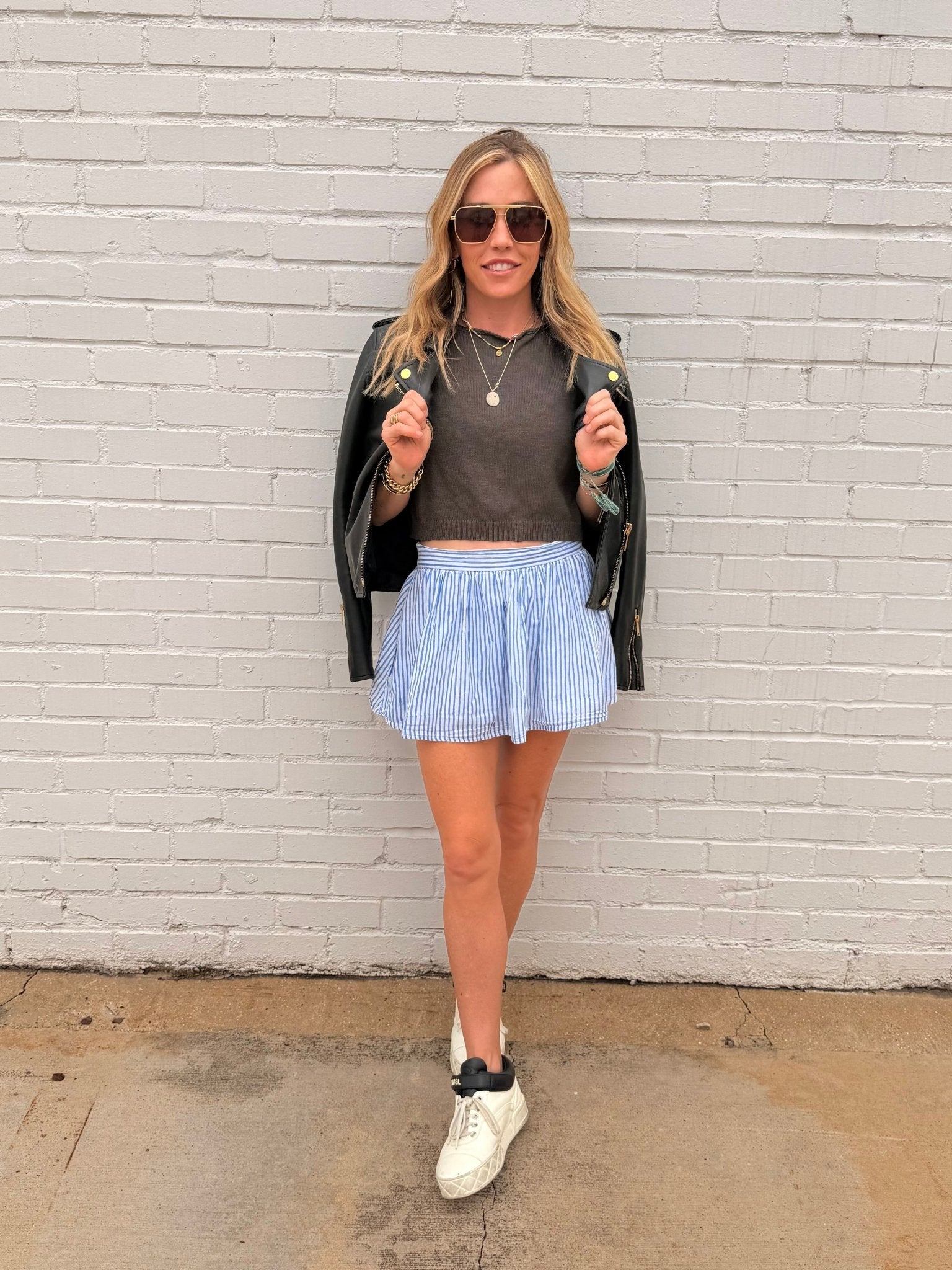 Blue Pinstripe Panel Mini Skirt — Cotton Block Print | Sur La Vague