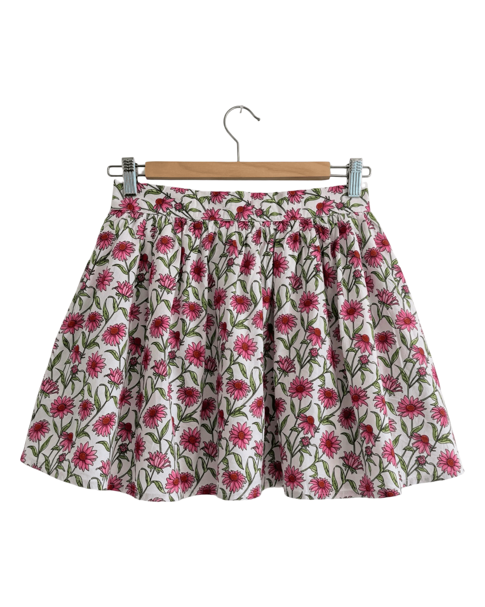 Echinacea Mini Skirt — pink coneflower botanical print on white cotton, A-line mini skirt with pockets | Sur La Vague