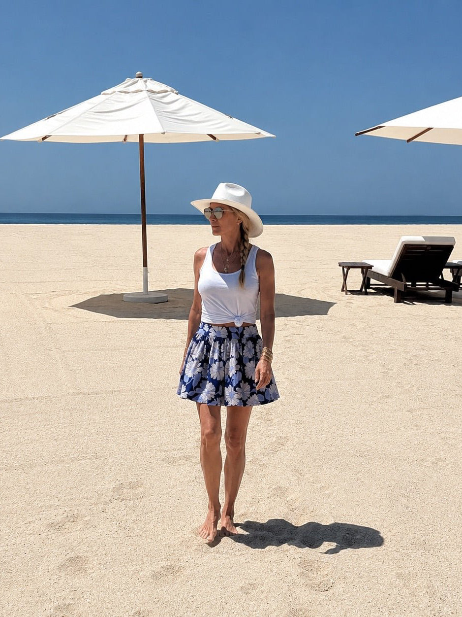 Indigo Garden Mini Skirt — cobalt wildflower block print cotton mini, A-line with pockets | Sur La Vague
