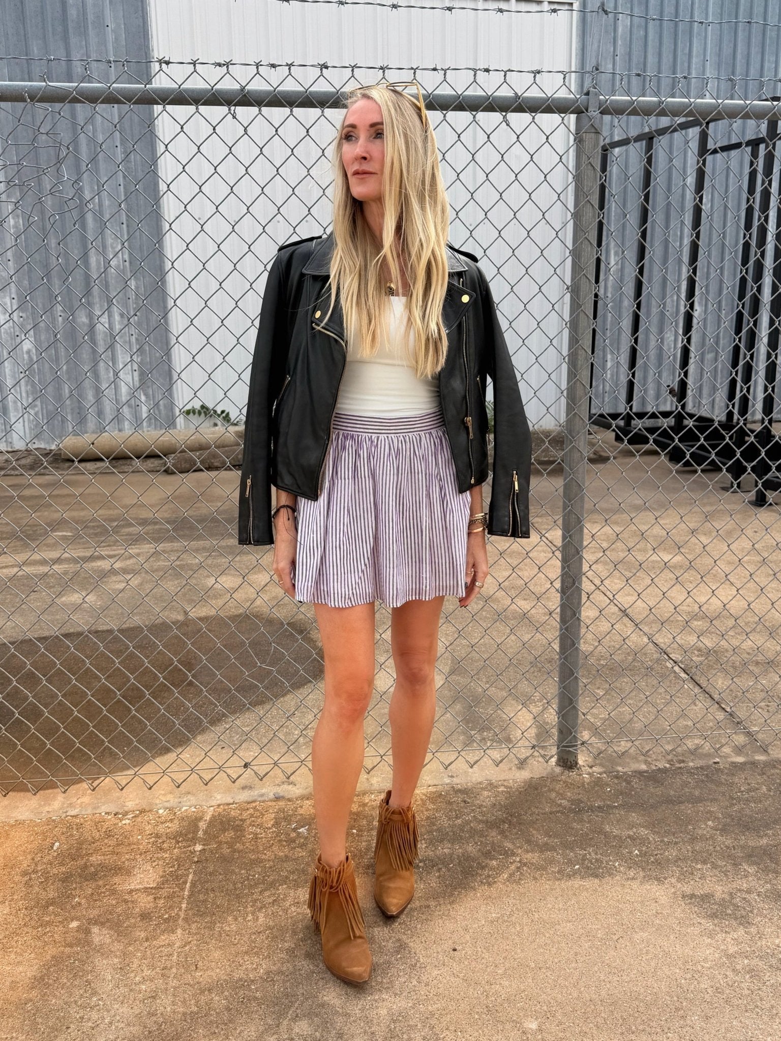 Purple Pinstripe Panel Mini Skirt - Sur La Vague
