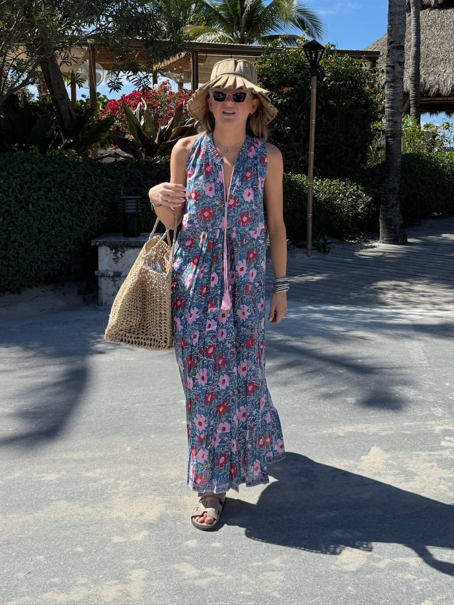 Sasha Tassel Ruffle Maxi Dress — Block-Printed Cotton with Pockets